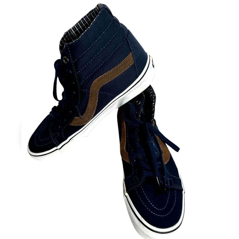 Vans Sk8 Hi Navy Brown Suede‎ Canvas High Top Skate Shoes Men 7.5 Women 9